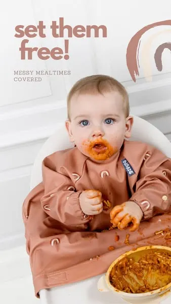 Bibado ads: 62 percent off bundles, a messy baby in a coverall bib and a parent's pasta mealtime