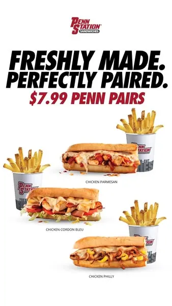 Penn Station ads for the $7.99 Penn Pairs deal and for franchise owners