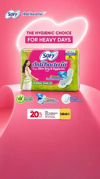 Sofy ad showing a young woman holding a pack