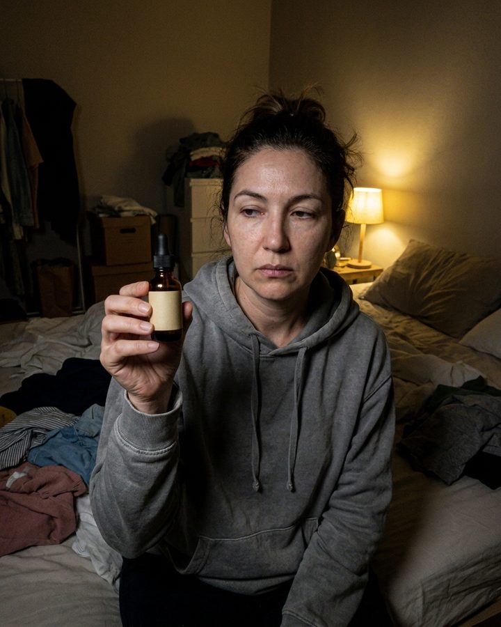 The losing ad for the same serum: an everyday user holds the bottle up in a dim, cluttered bedroom